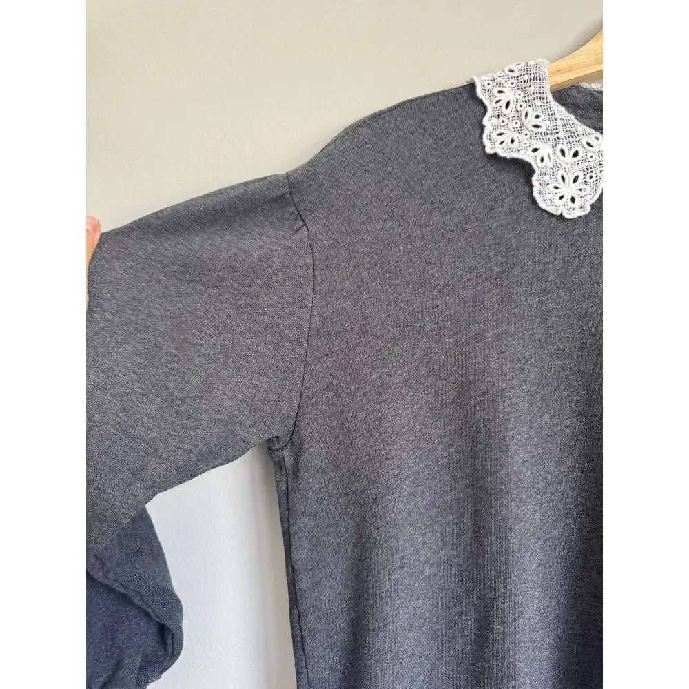 J Crew Womens XS Gray Sweater Eyelet Lace Peterpan Collar Ruffle Cuffs Cotton